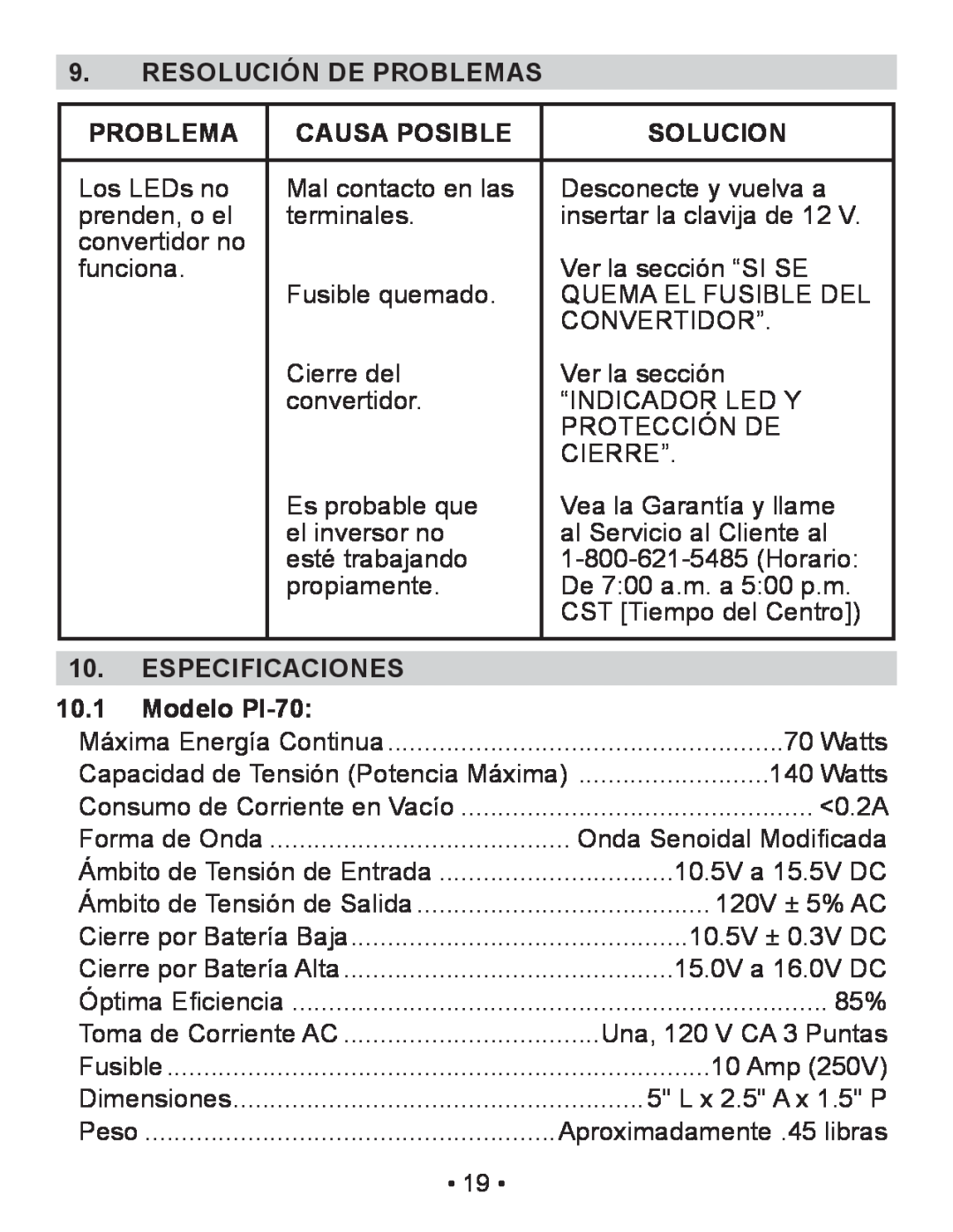 Schumacher owner manual Resolución De Problemas, Causa Posible, Solucion, Especificaciones, Modelo PI-70, 10.1 