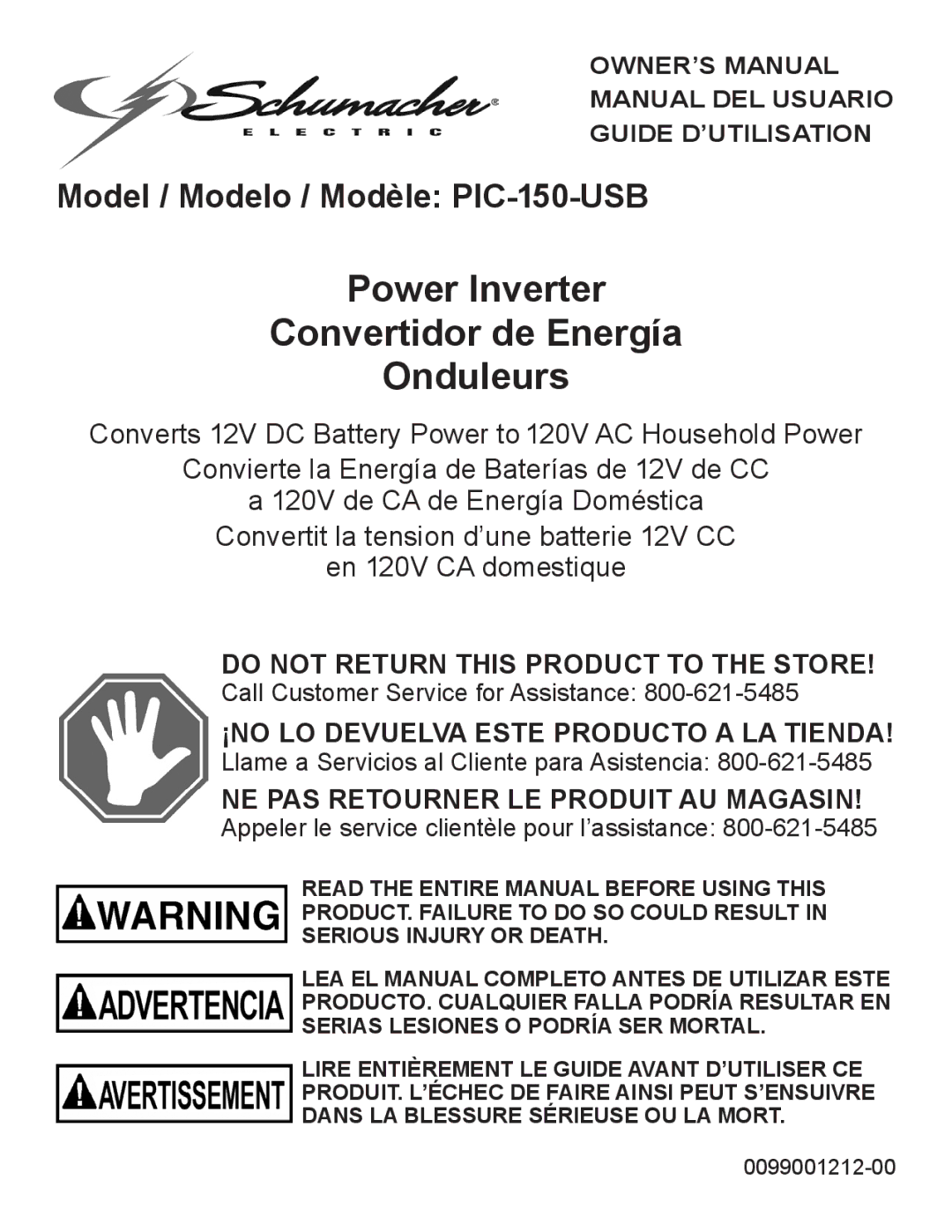 Schumacher PIC-150-USB owner manual Power Inverter Convertidor de Energía Onduleurs 