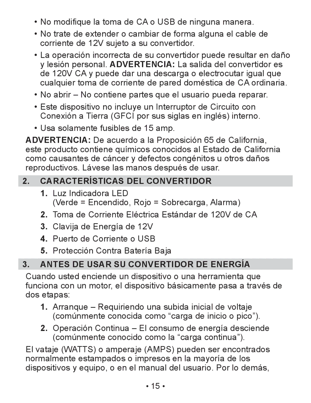 Schumacher PIC-150-USB owner manual Características DEL Convertidor, Antes DE Usar SU Convertidor DE Energía 