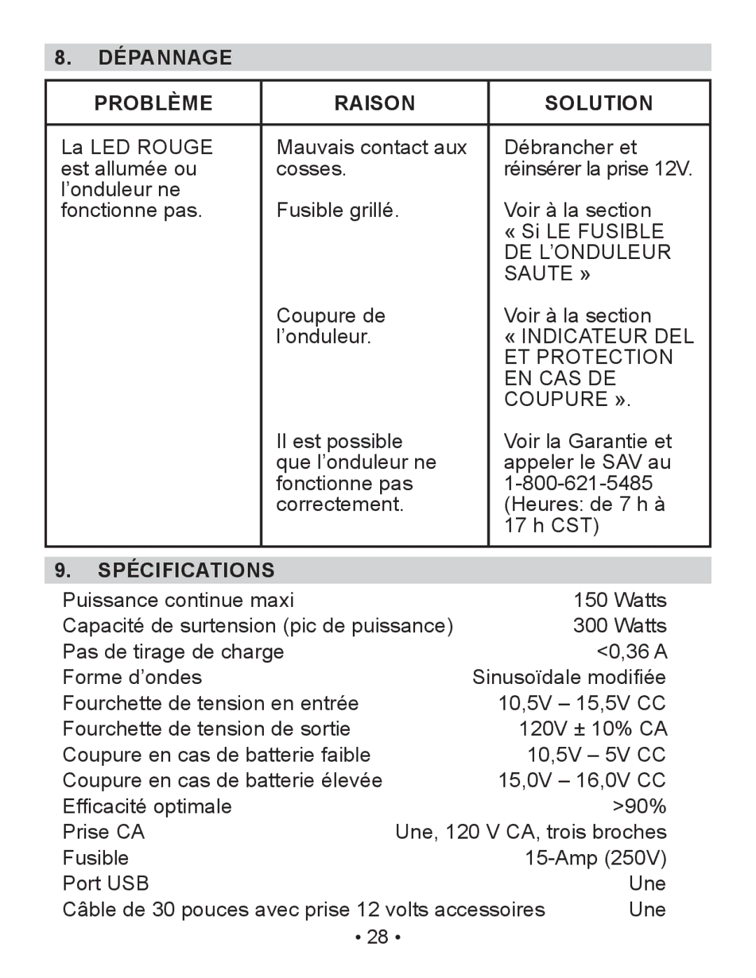 Schumacher PIC-150-USB owner manual Dépannage Problème Raison Solution, Spécifications 