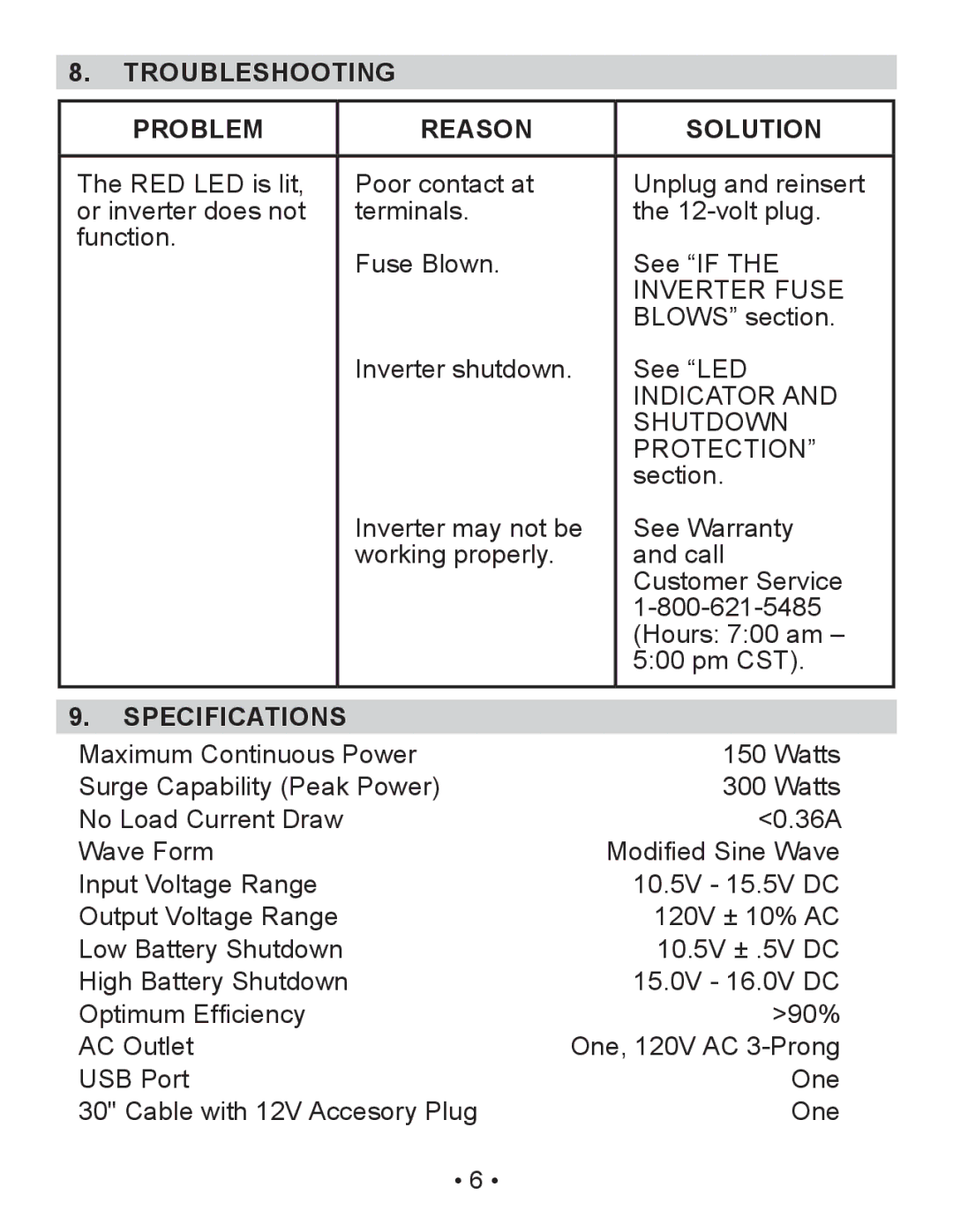 Schumacher PIC-150-USB owner manual Problem Reason Solution, Specifications 