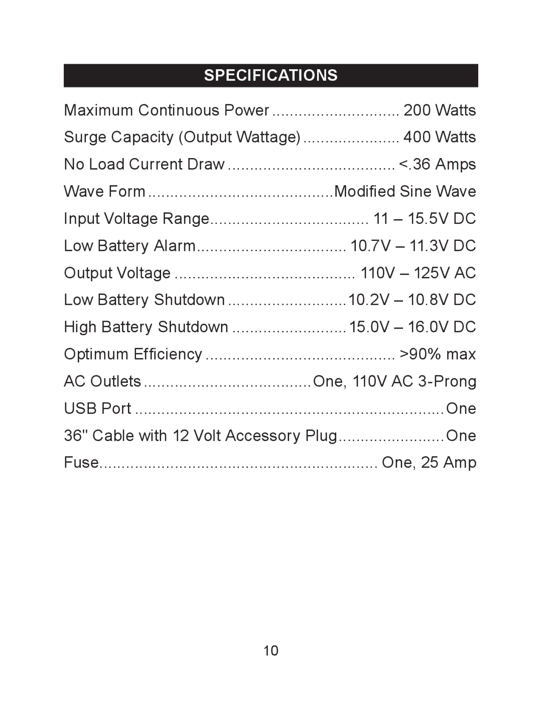 Schumacher PID-200 owner manual Specifications 