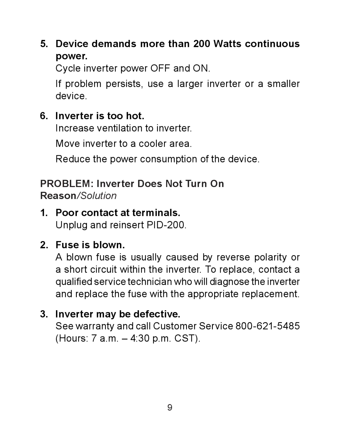 Schumacher PID-200 Device demands more than 200 Watts continuous power, Inverter is too hot, Inverter may be defective 