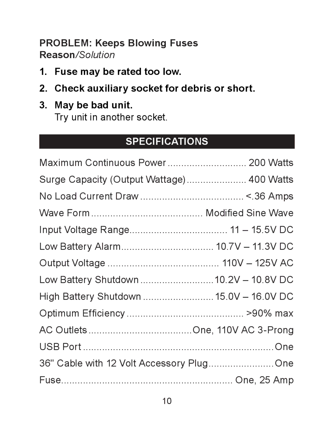 Schumacher PID-200 owner manual Problem Keeps Blowing Fuses, Specifications 