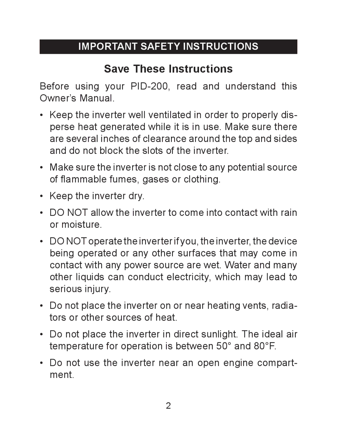 Schumacher PID-200 owner manual Important Safety Instructions 