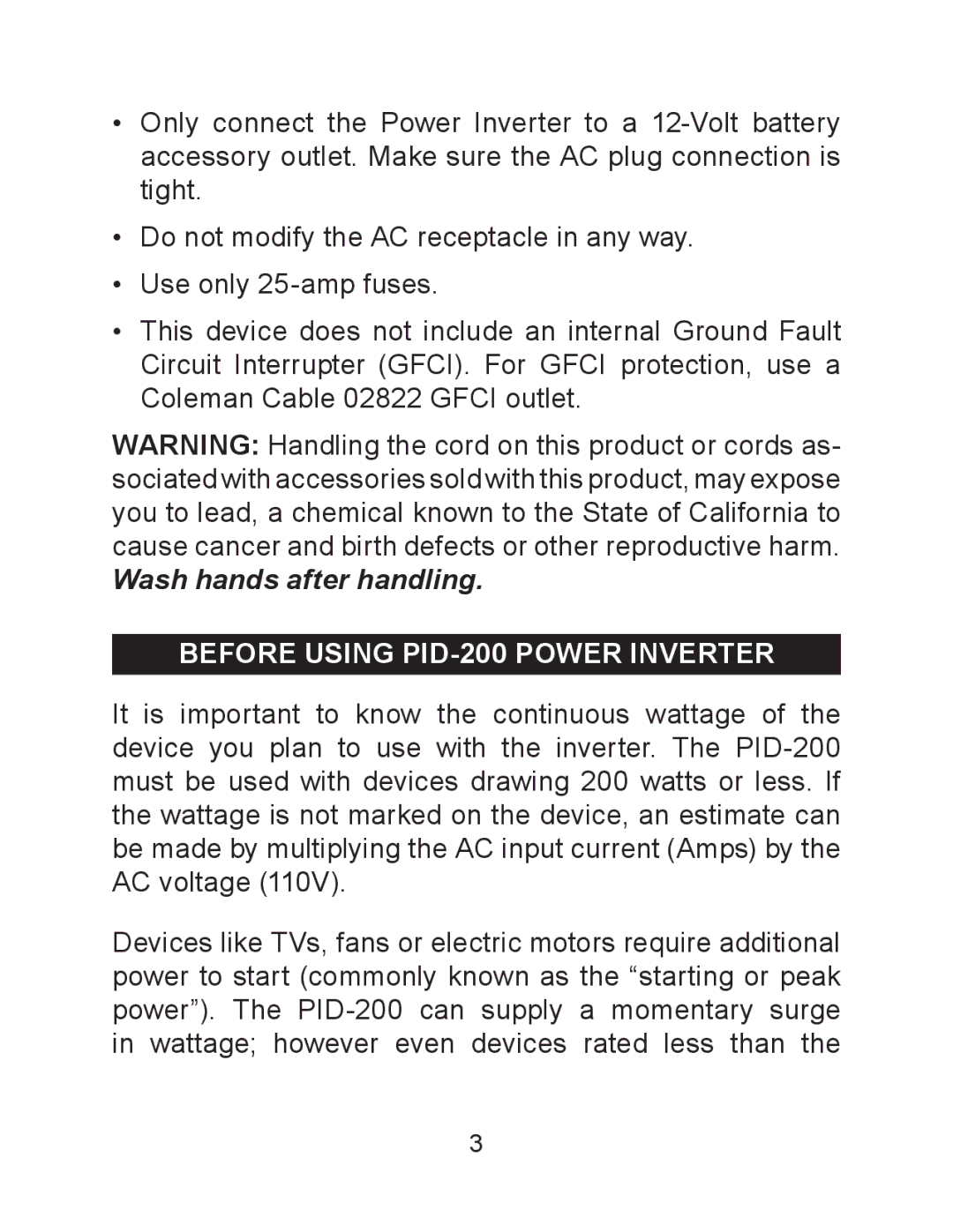 Schumacher owner manual Wash hands after handling, Before Using PID-200 power Inverter 