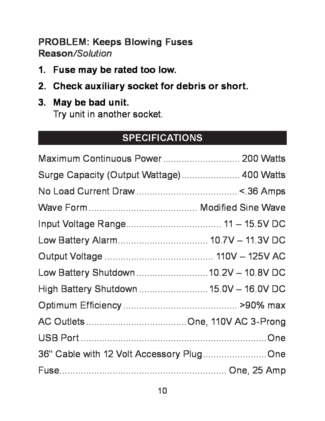 Schumacher PID-200 owner manual Specifications, Problem Keeps Blowing Fuses, Reason/Solution, Fuse may be rated too low 