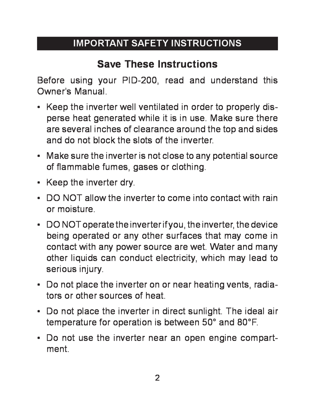 Schumacher PID-200 owner manual Save These Instructions, Important Safety Instructions 