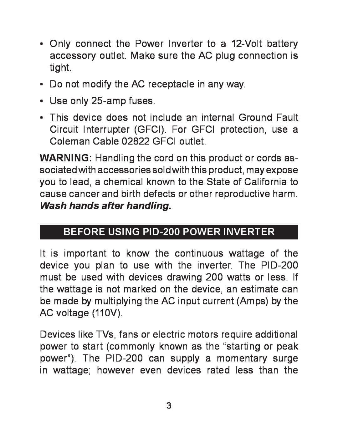 Schumacher owner manual Before Using PID-200 power Inverter, Wash hands after handling 