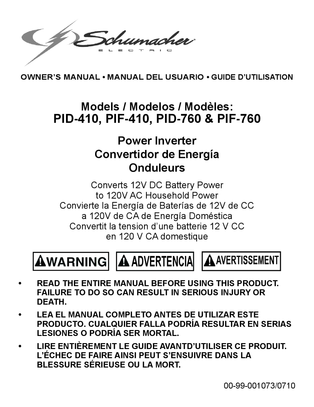 Schumacher PID-410 owner manual Advertencia 