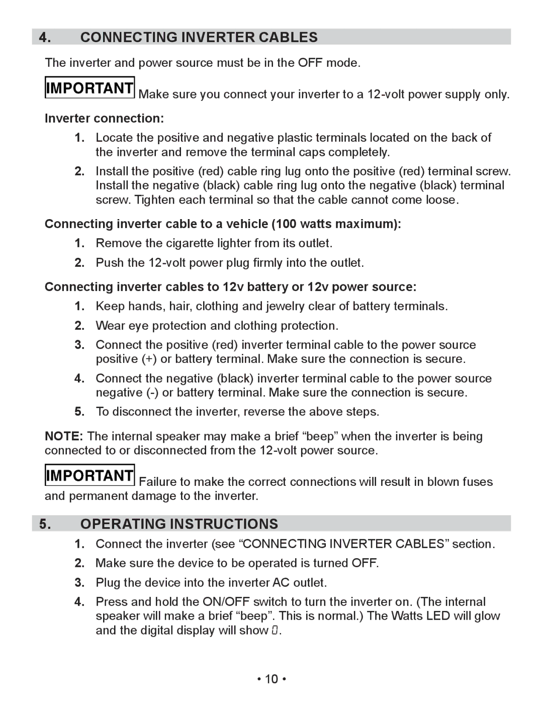 Schumacher PID-410 owner manual Connecting Inverter Cables, Operating Instructions, Inverter connection 