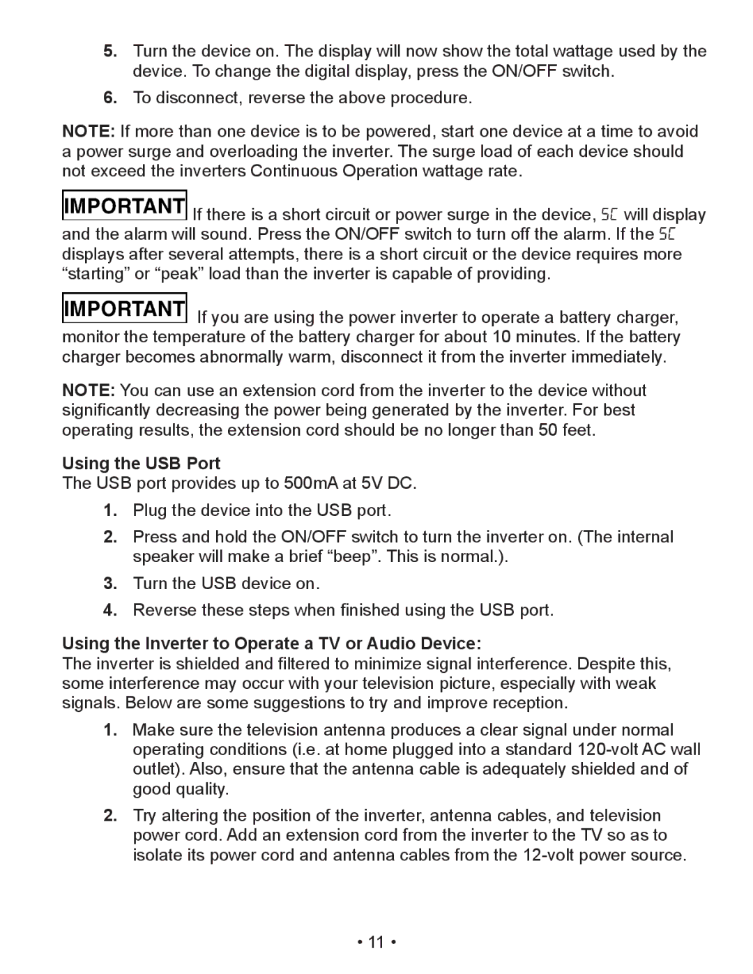 Schumacher PID-410 owner manual Using the USB Port, Using the Inverter to Operate a TV or Audio Device 