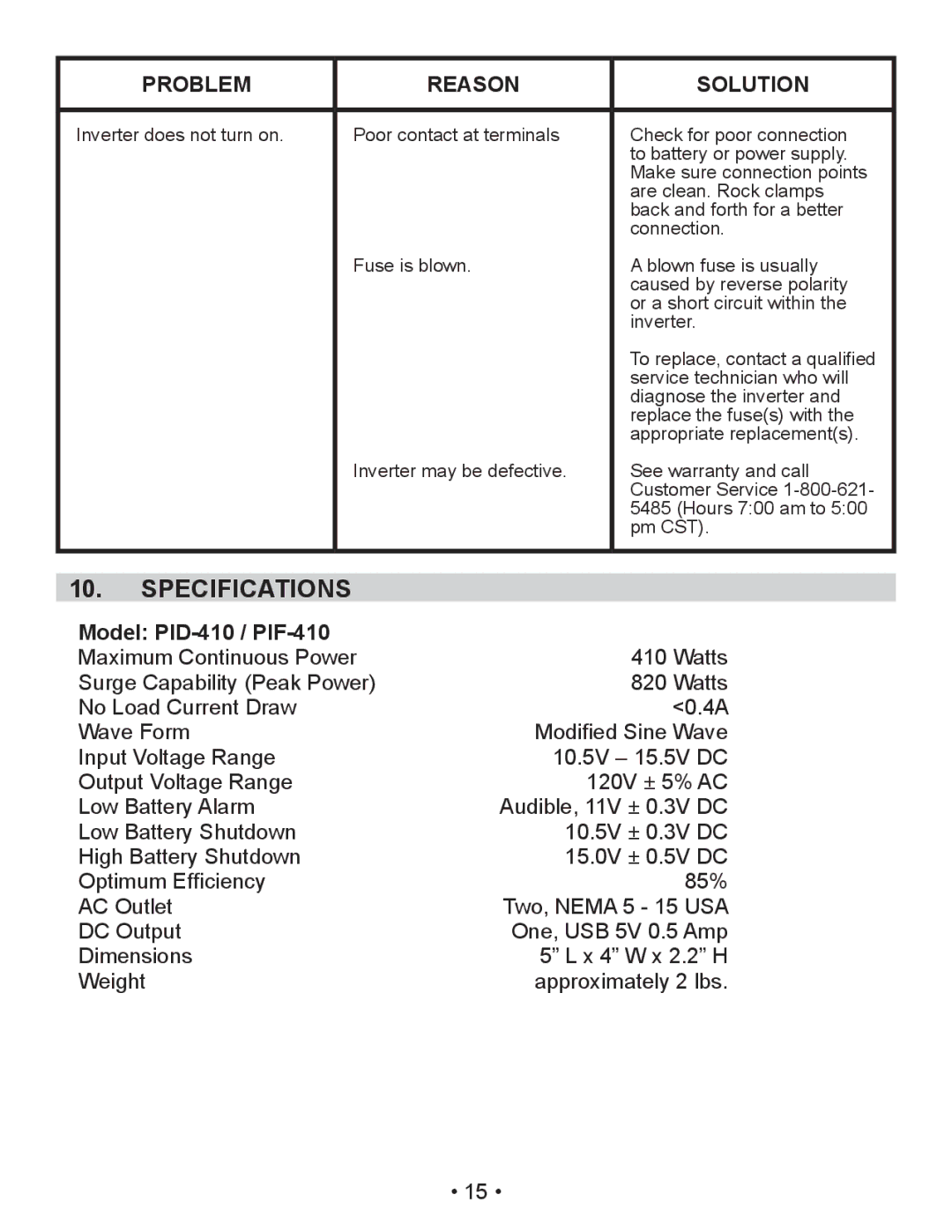 Schumacher owner manual Specifications, Model PID-410 / PIF-410 