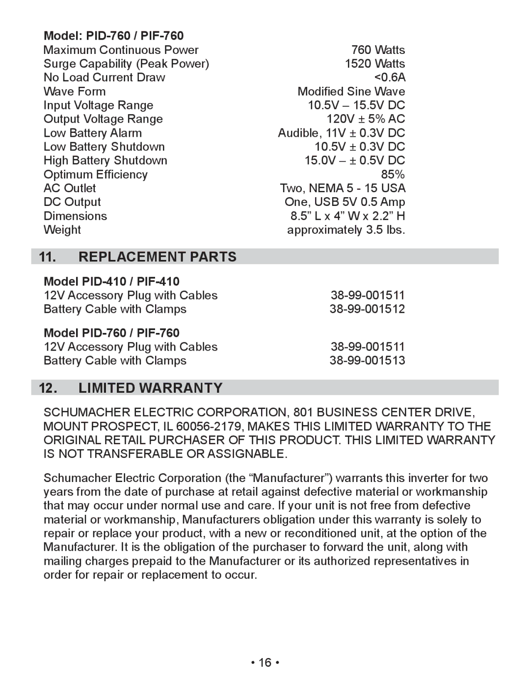 Schumacher PID-410 owner manual Replacement Parts, Limited Warranty, Model PID-760 / PIF-760 