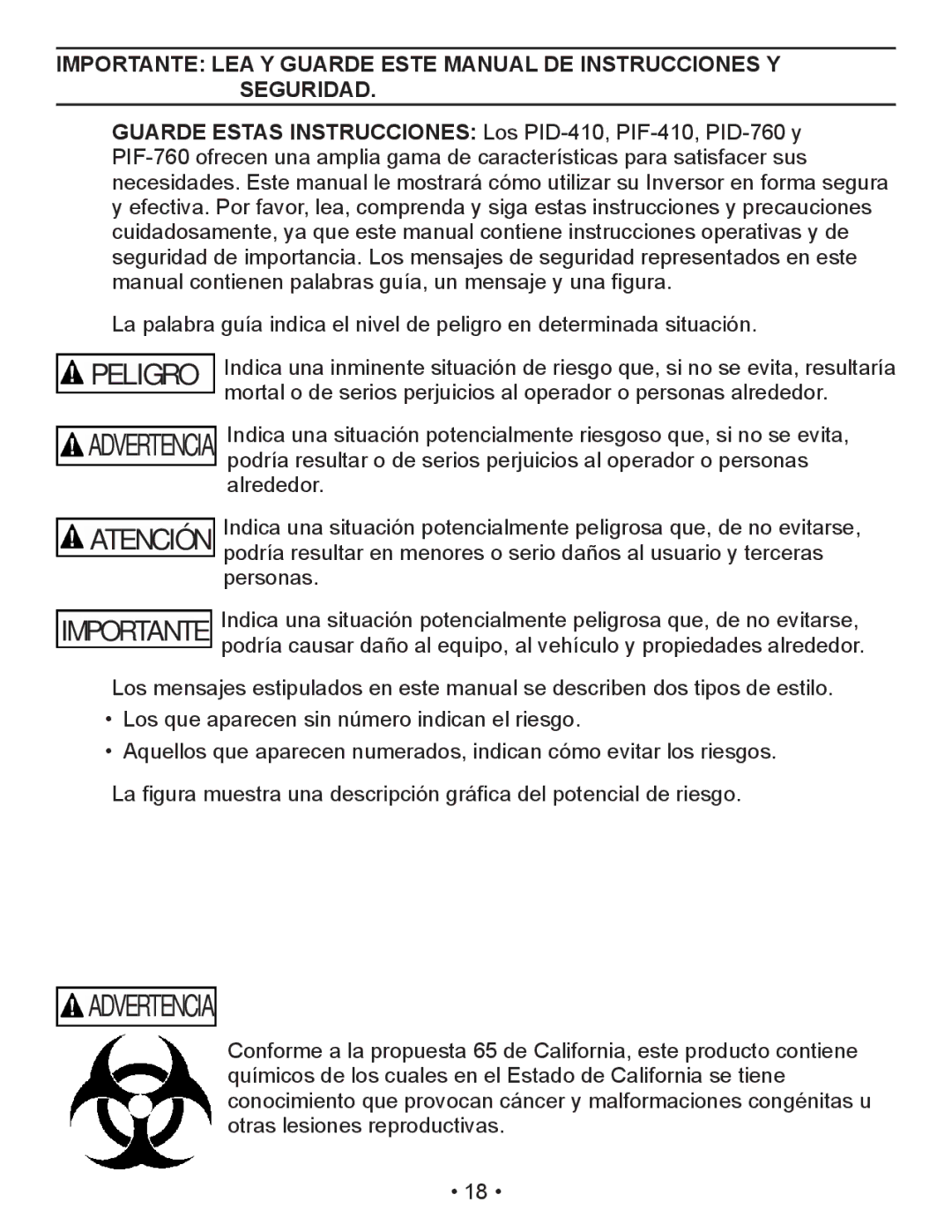 Schumacher PID-410 owner manual Advertencia 