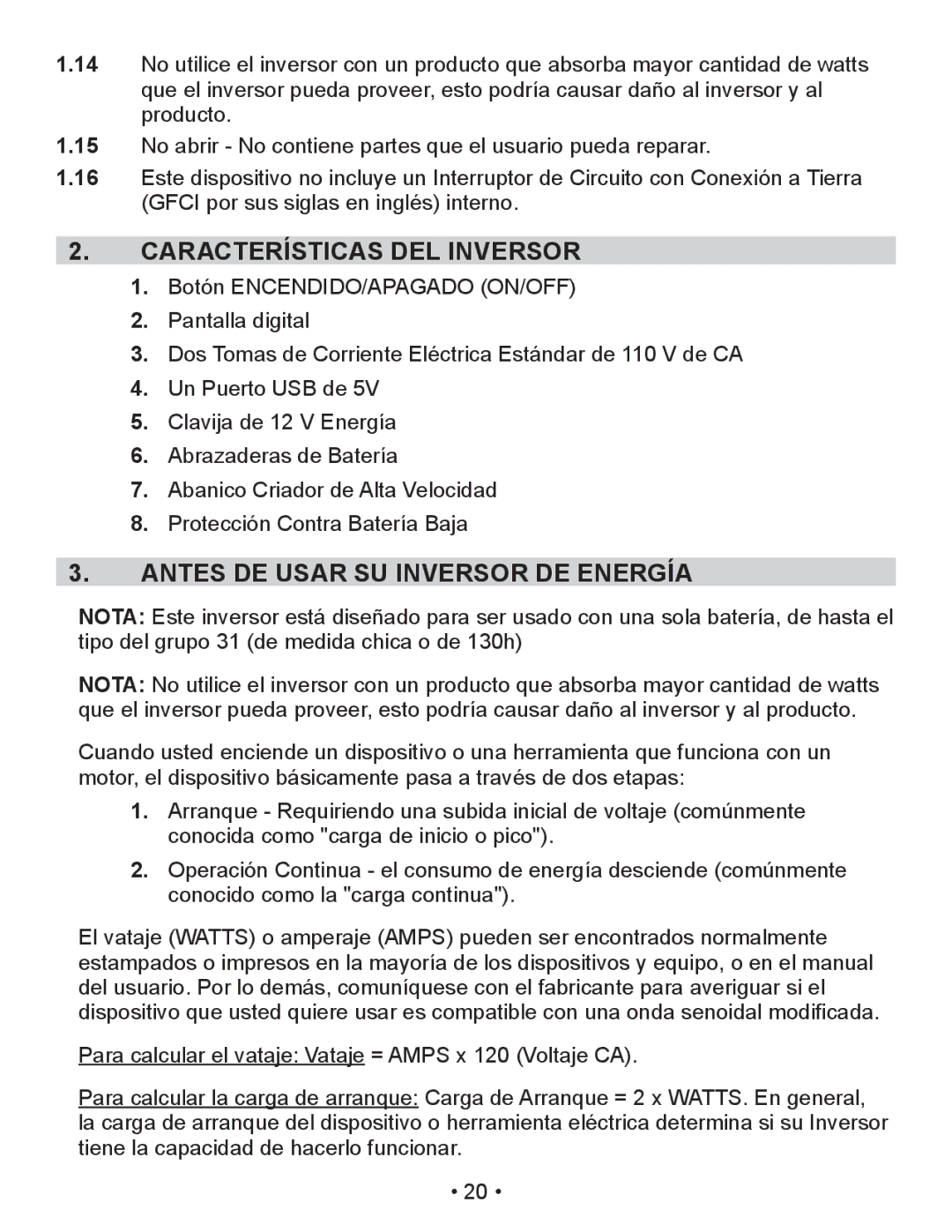 Schumacher PID-410 owner manual Características DEL Inversor 