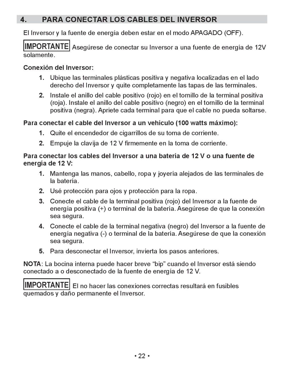 Schumacher PID-410 owner manual Para Conectar LOS Cables DEL Inversor, Conexión del Inversor 