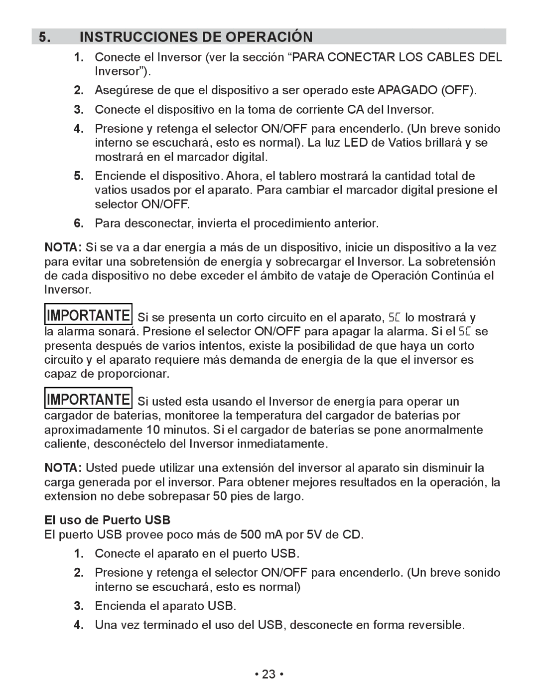 Schumacher PID-410 owner manual Instrucciones DE Operación, El uso de Puerto USB 