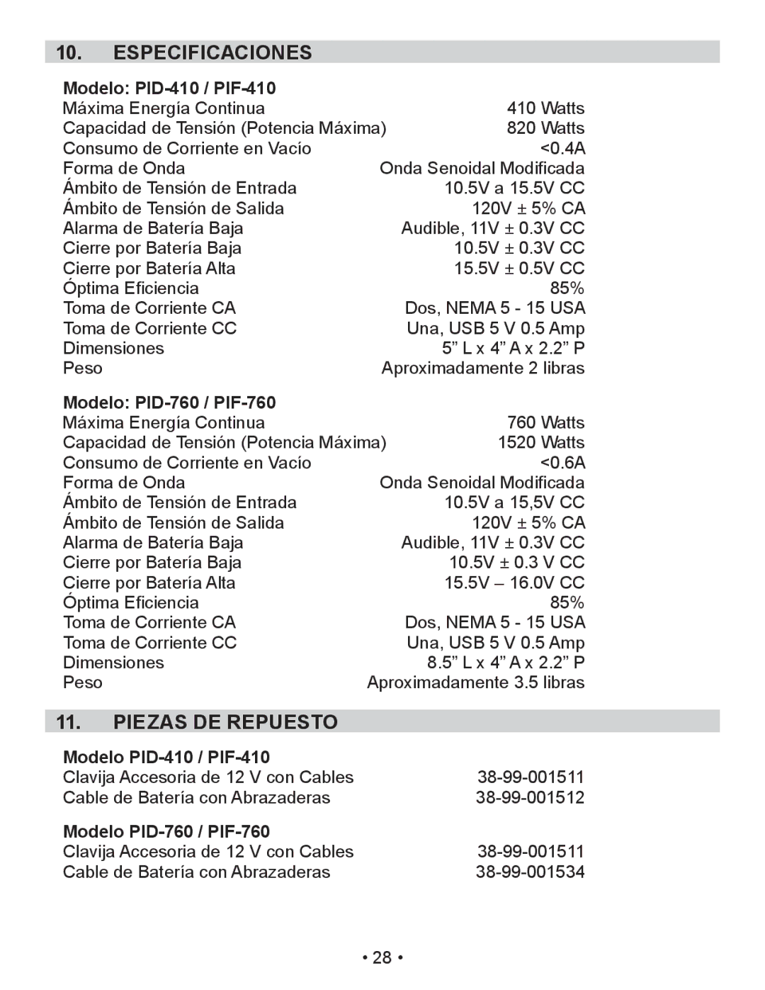 Schumacher owner manual Especificaciones, Piezas DE Repuesto, Modelo PID-410 / PIF-410, Modelo PID-760 / PIF-760 