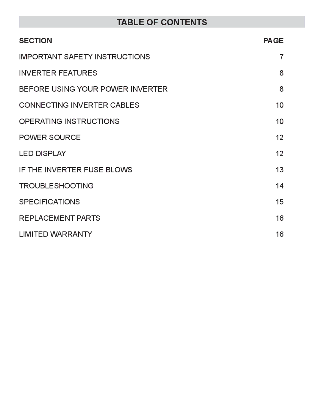 Schumacher PID-410 owner manual Table of Contents 