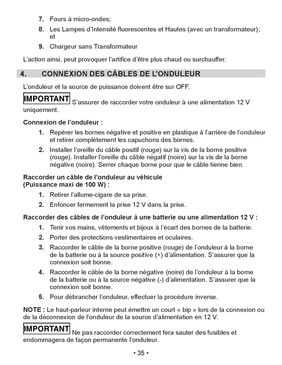 Schumacher PID-410 owner manual Connexion DES Càbles DE L’ONDULEUR, Connexion de l’onduleur 