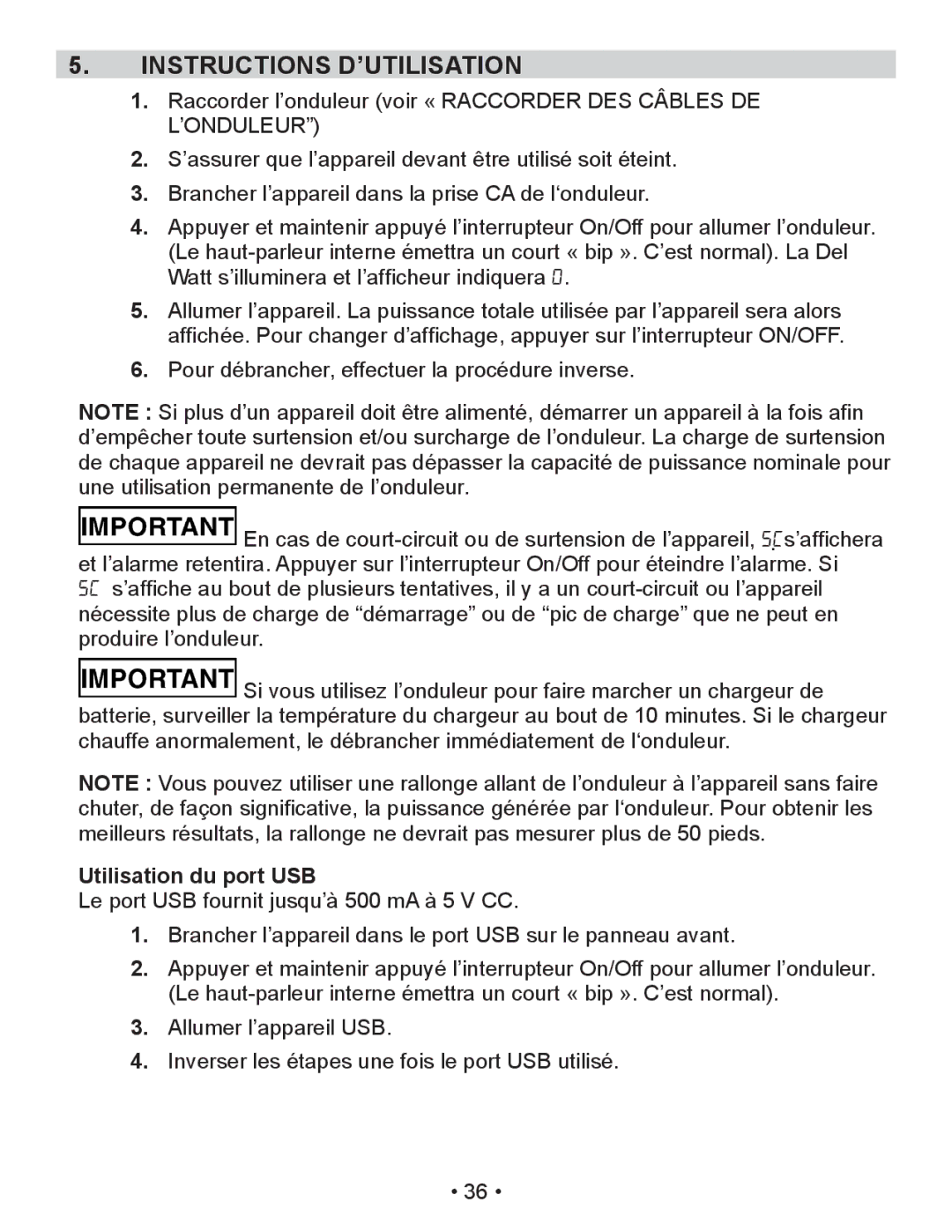 Schumacher PID-410 owner manual Instructions D’UTILISATION, Utilisation du port USB 