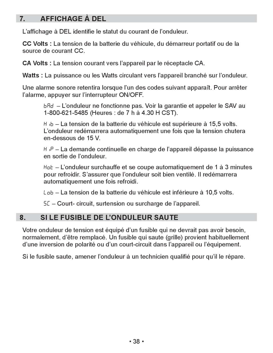 Schumacher PID-410 owner manual Affichage À DEL, SI LE Fusible DE L’ONDULEUR Saute 