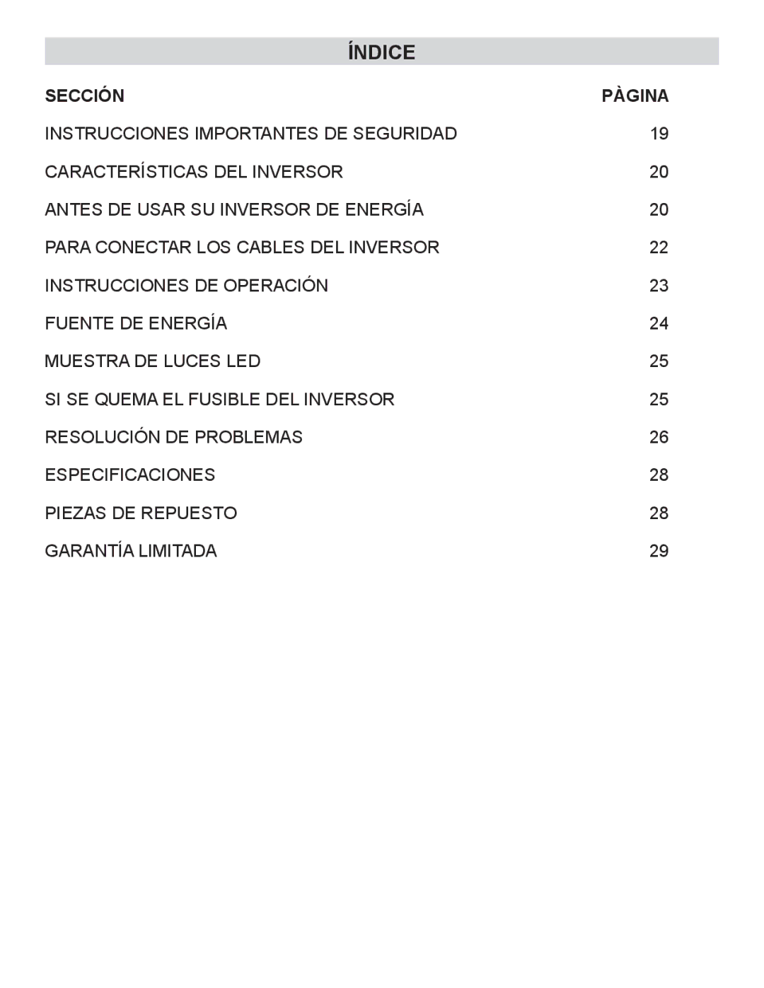 Schumacher PID-410 owner manual Índice, Sección Pàgina 