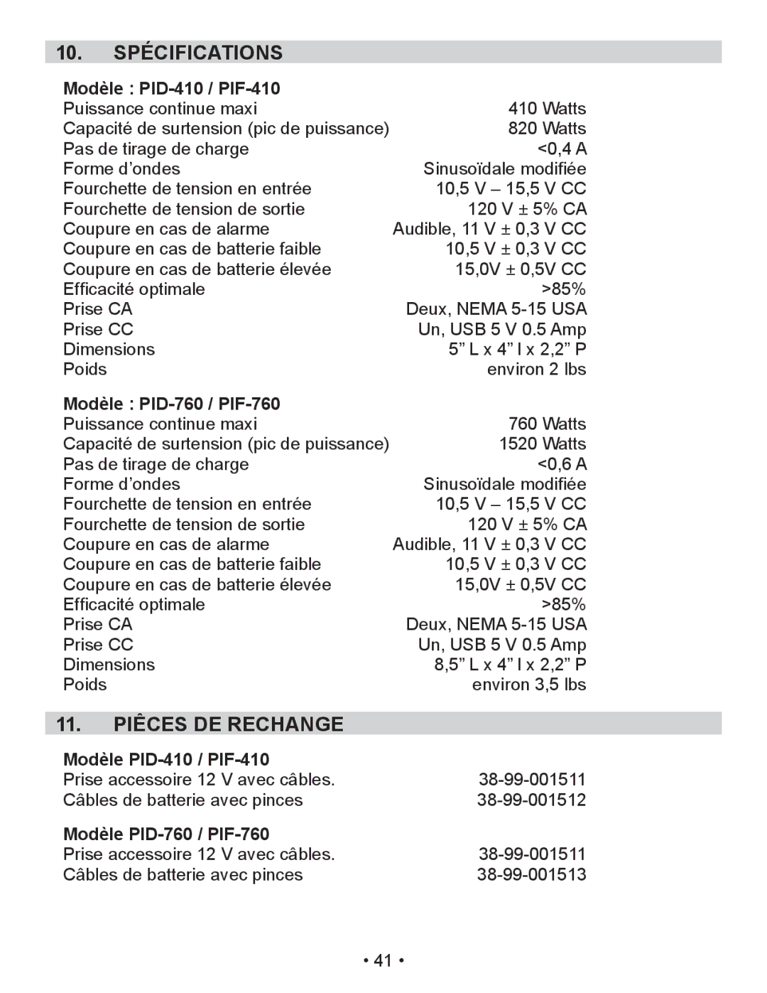 Schumacher owner manual 10. Spécifications, Piêces DE Rechange, Modèle PID-410 / PIF-410, Modèle PID-760 / PIF-760 