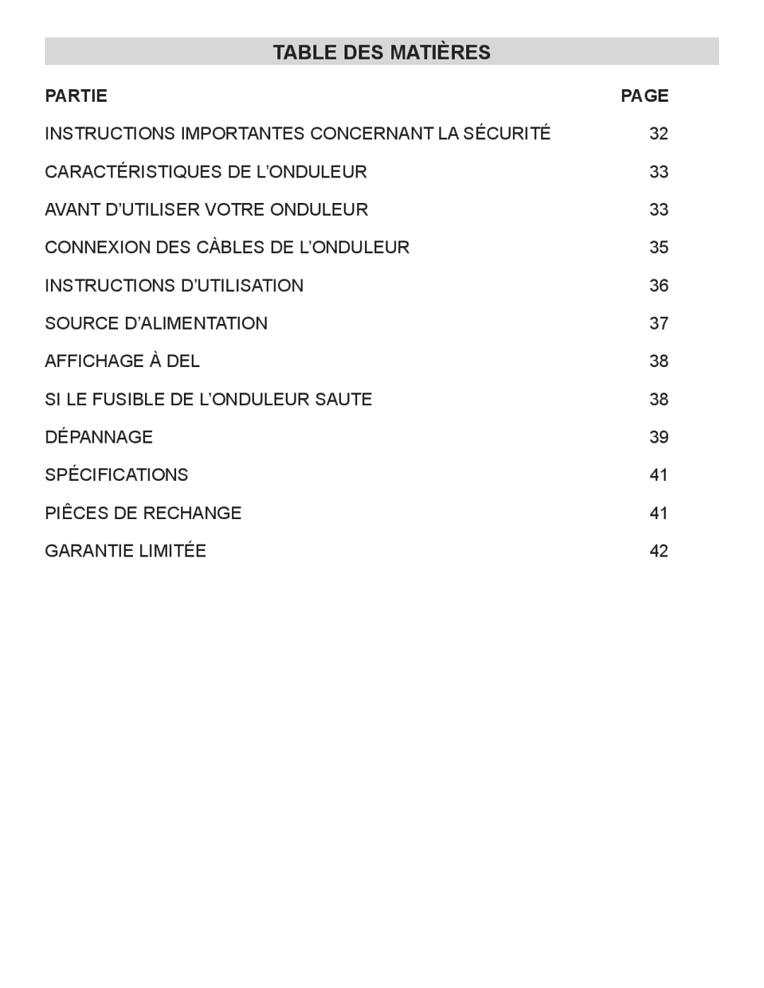 Schumacher PID-410 owner manual Table DES Matières, Partie 