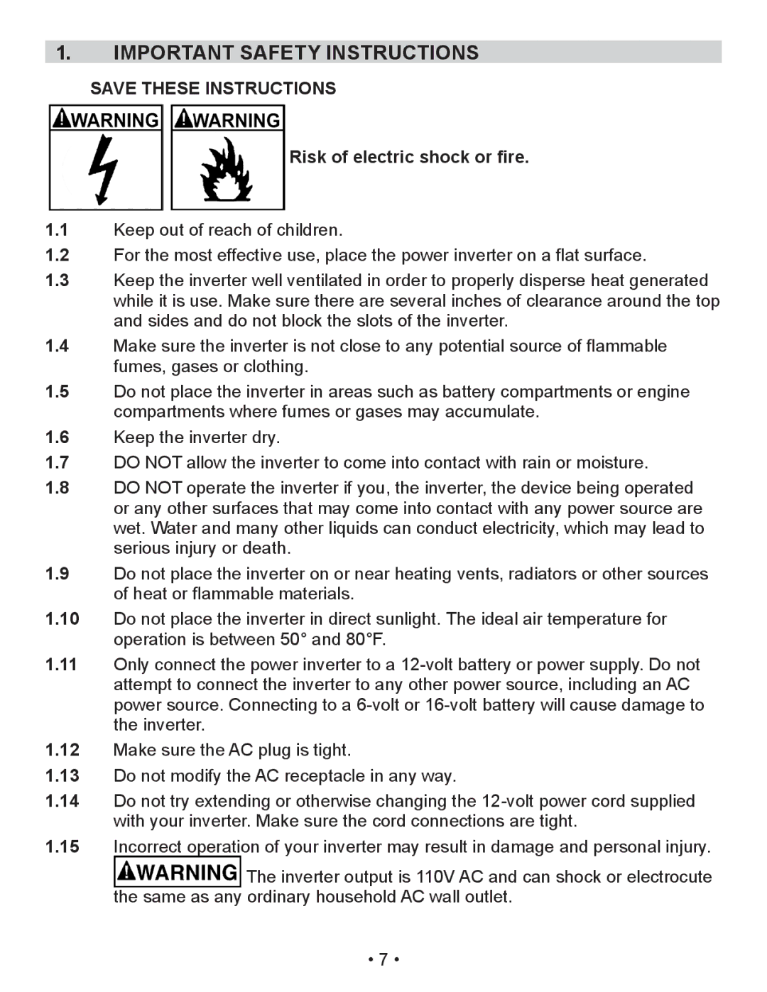 Schumacher PID-410 owner manual Important Safety Instructions, Risk of electric shock or fire 