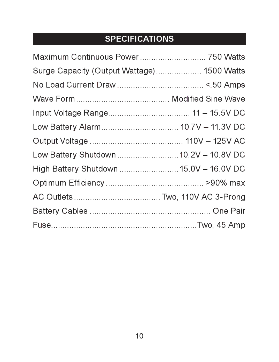 Schumacher PID-750 owner manual Specifications 