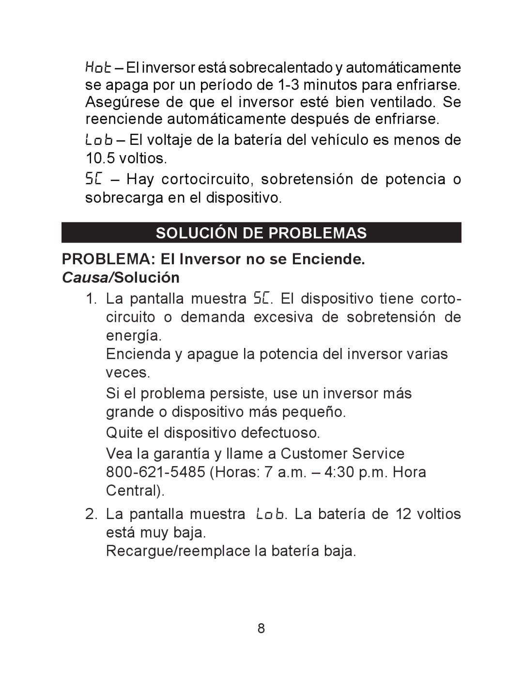 Schumacher PID-750 owner manual Solución DE Problemas, Problema El Inversor no se Enciende. Causa/Solución 