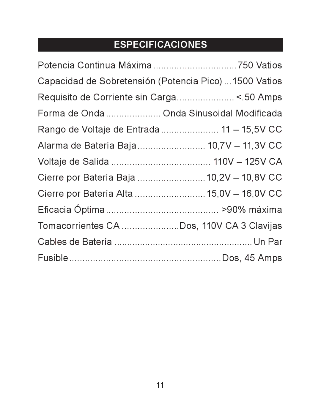 Schumacher PID-750 owner manual Especificaciones 