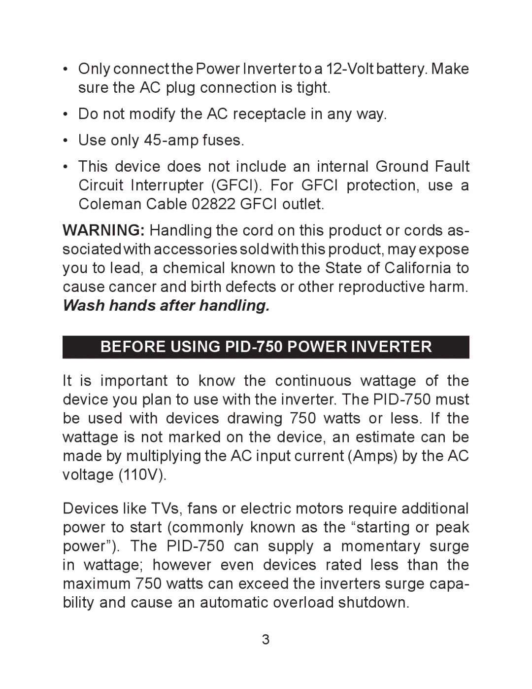 Schumacher owner manual Wash hands after handling, Before Using PID-750 power Inverter 