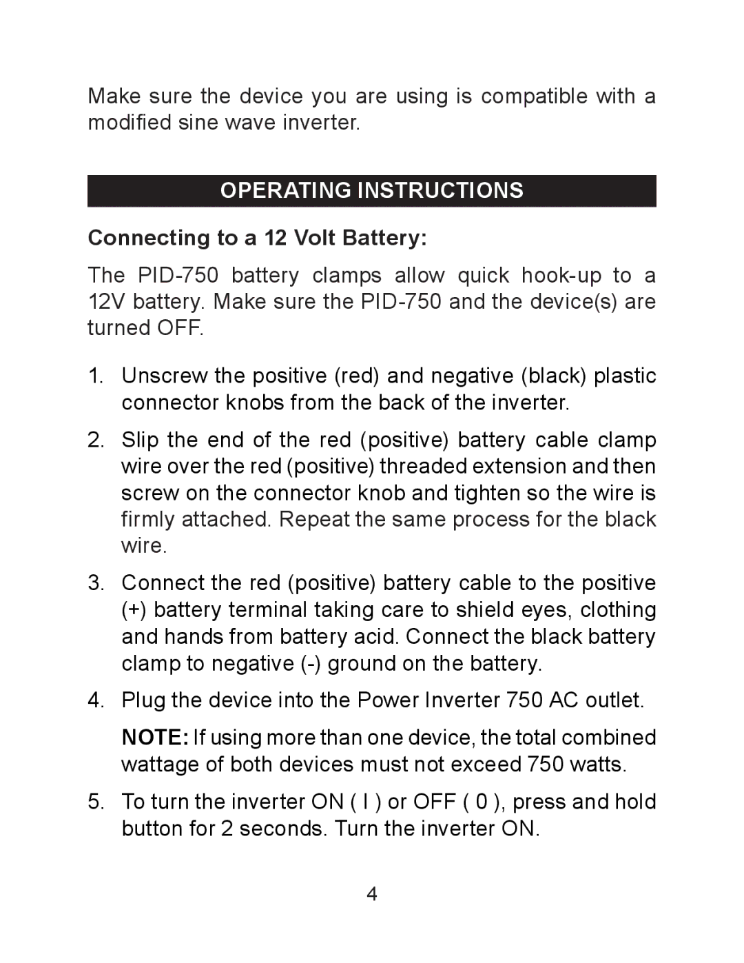 Schumacher PID-750 owner manual Operating instructions, Connecting to a 12 Volt Battery 