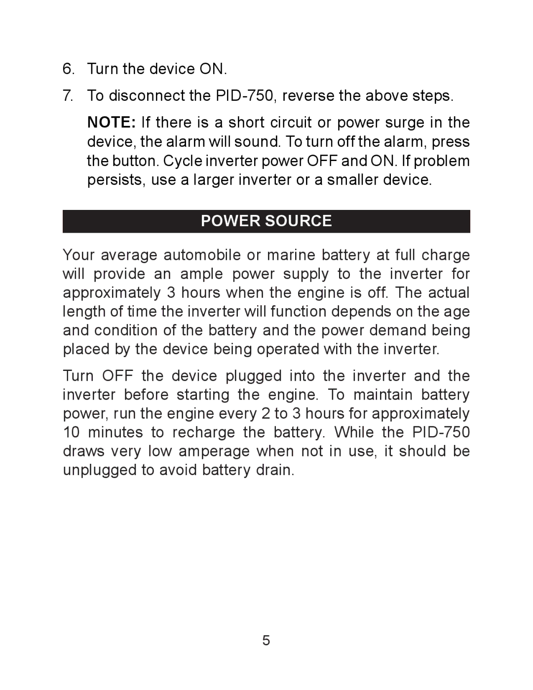 Schumacher PID-750 owner manual Power Source 