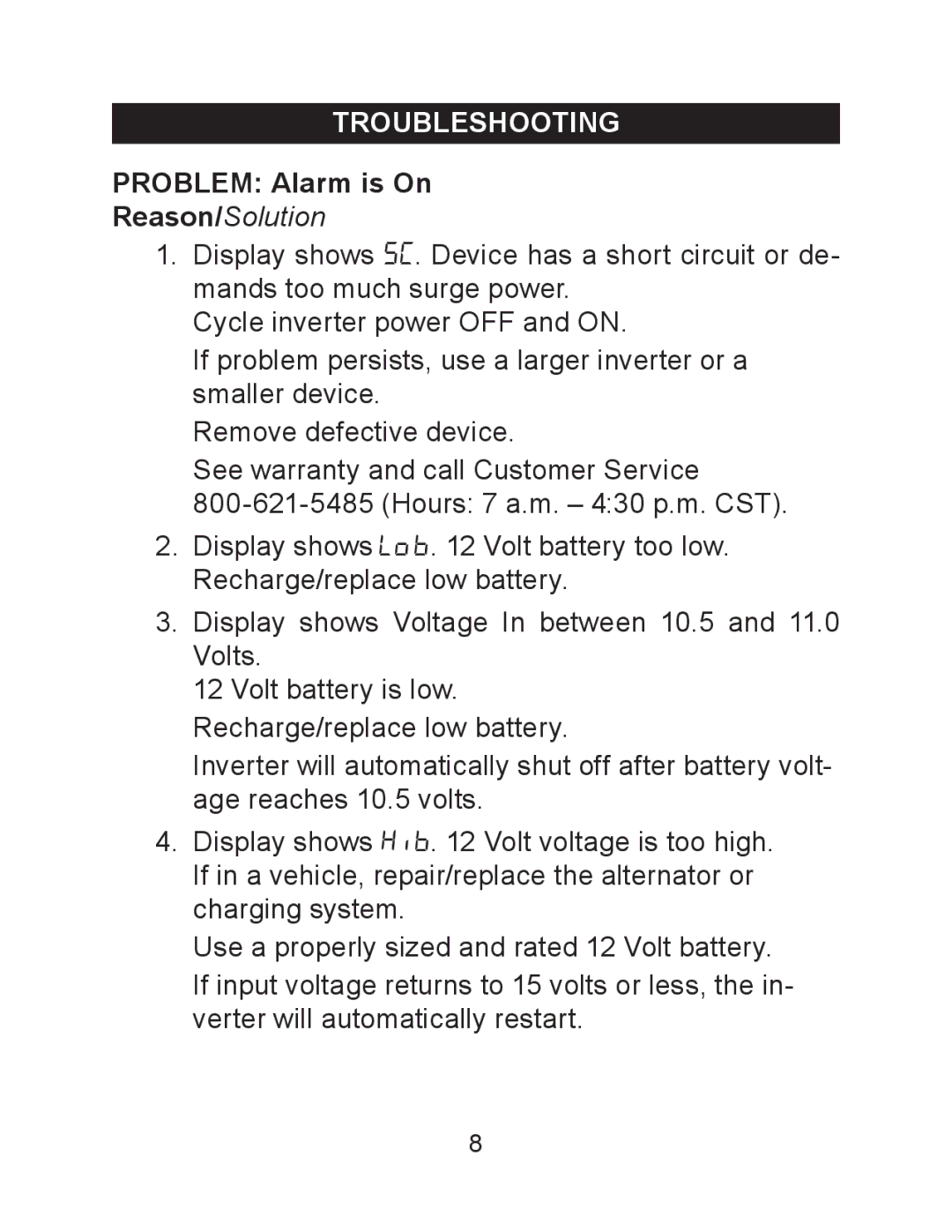 Schumacher PID-750 owner manual Troubleshooting, Problem Alarm is On 