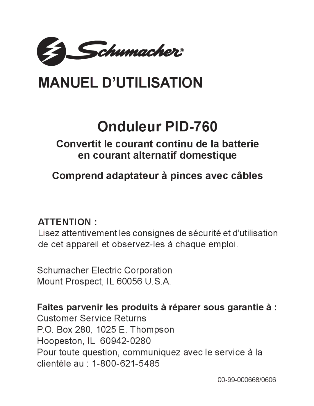 Schumacher PID-760 owner manual Manuel D’UTILISATION 