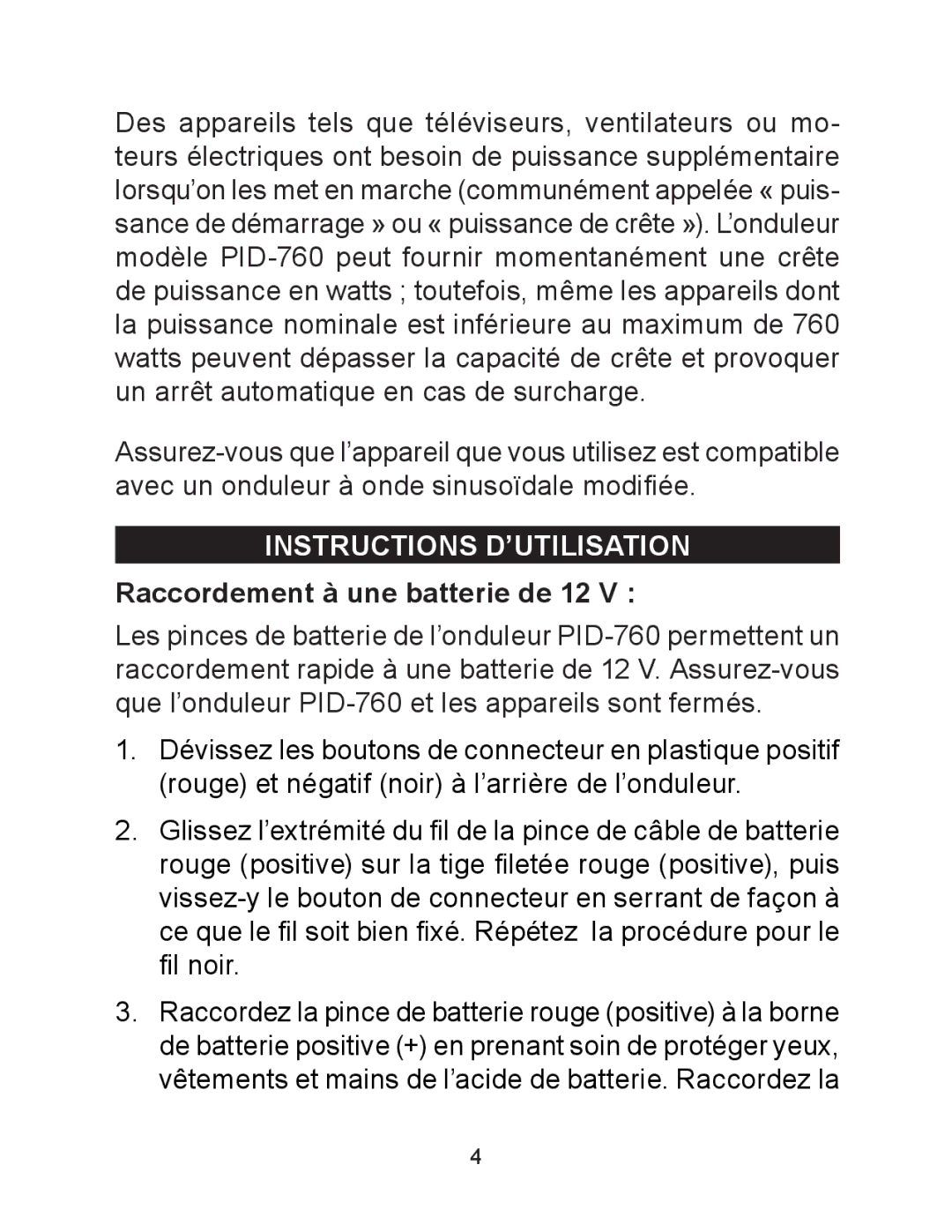 Schumacher PID-760 owner manual Instructions D’UTILISATION Raccordement à une batterie de 12 