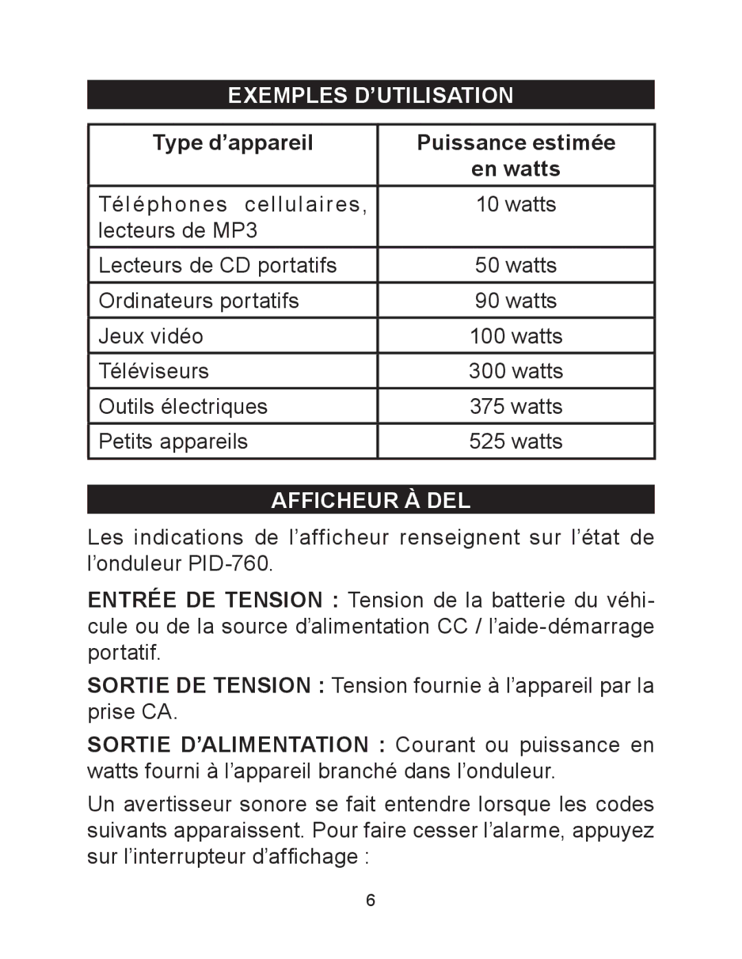 Schumacher PID-760 owner manual Exemples D’UTILISATION, Type d’appareil Puissance estimée En watts, Afficheur À DEL 