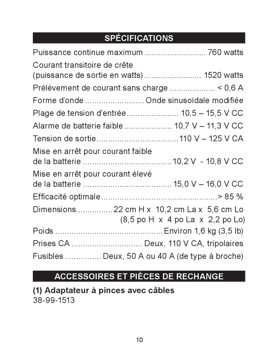 Schumacher PID-760 owner manual Spécifications, Accessoires ET Pièces DE Rechange, Adaptateur à pinces avec câbles 