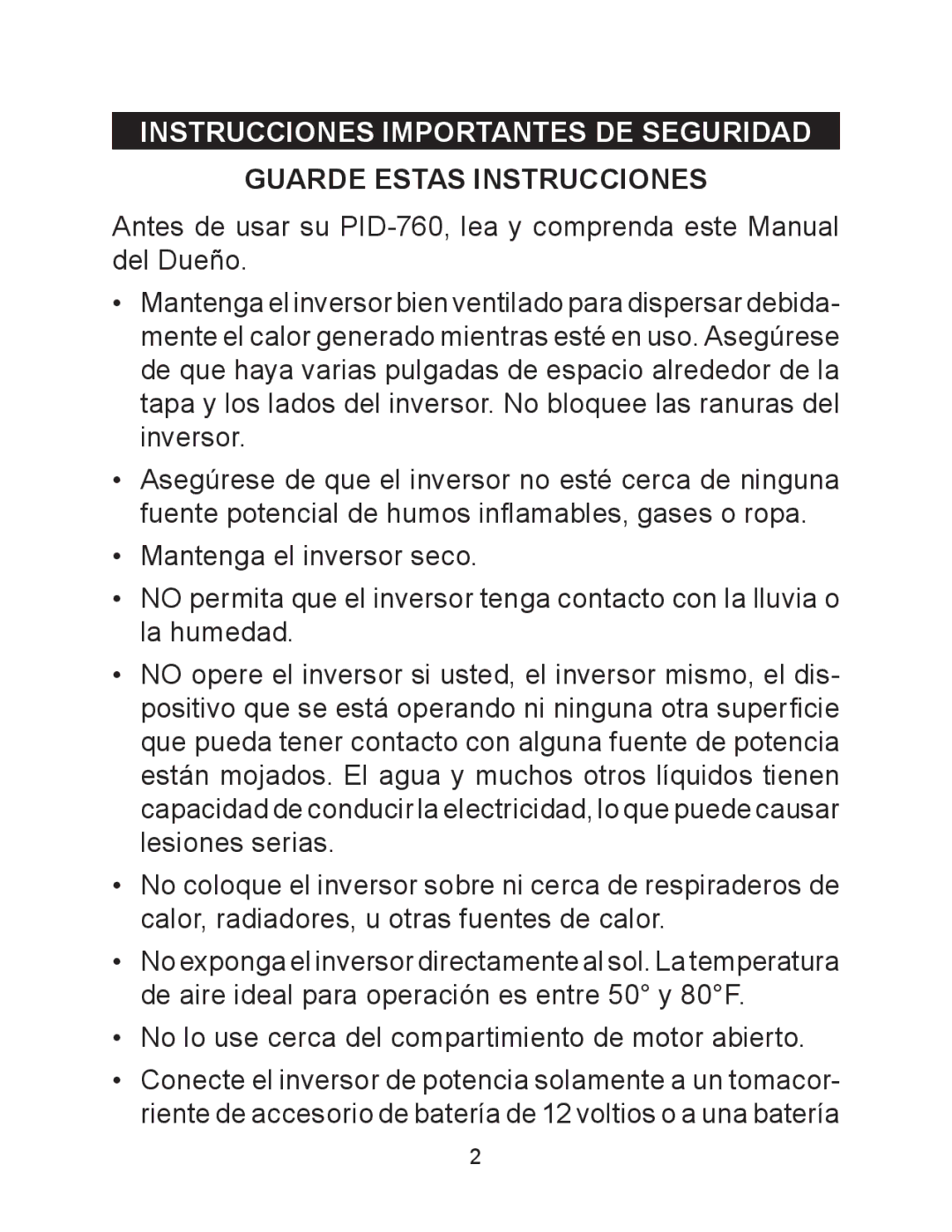 Schumacher PID-760 owner manual Instrucciones Importantes DE Seguridad, Guarde Estas Instrucciones 