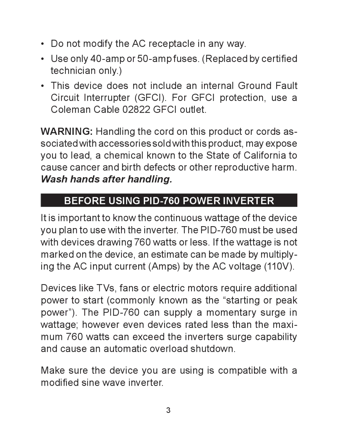 Schumacher PID-760 owner manual Wash hands after handling 