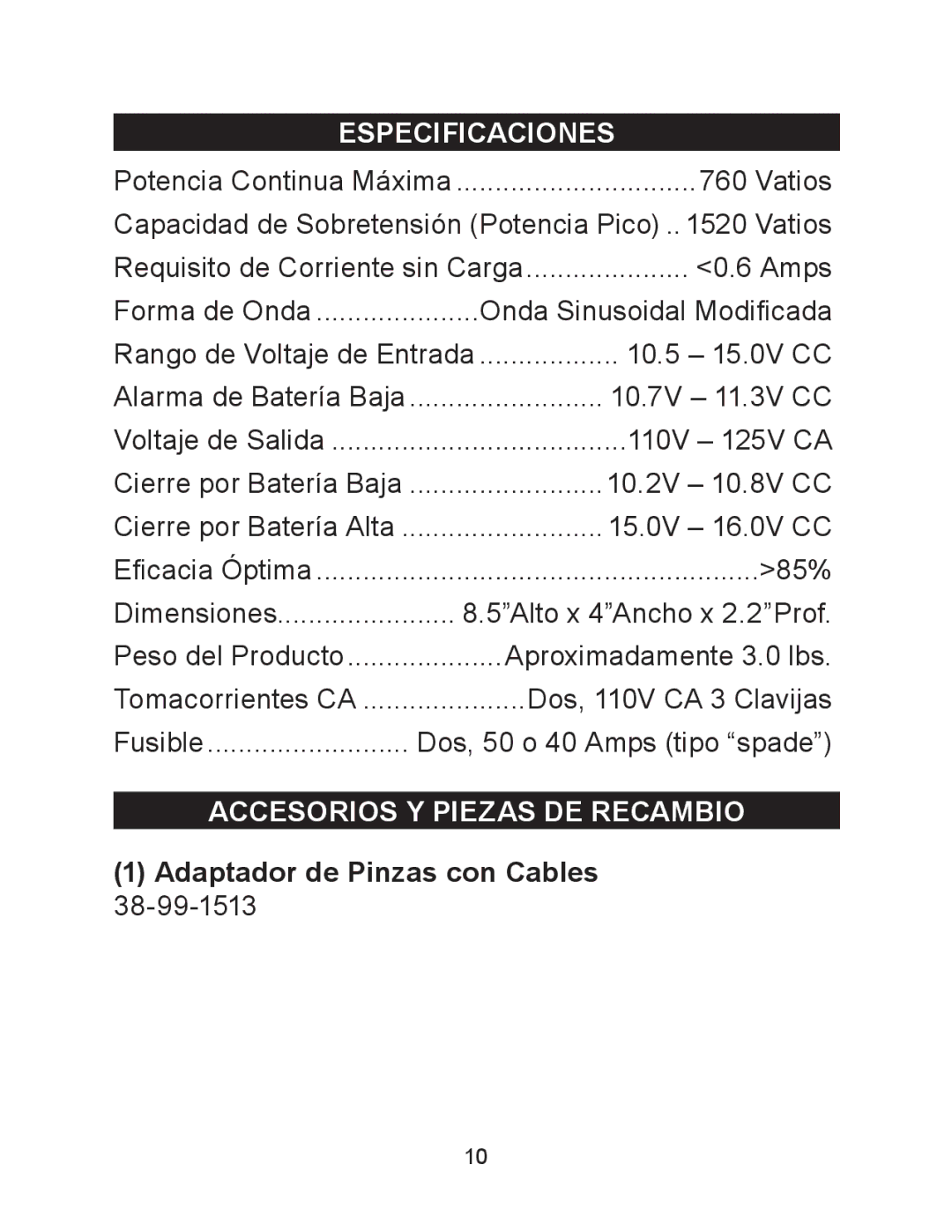 Schumacher PID-760 owner manual Especificaciones, Accesorios Y Piezas DE Recambio, Adaptador de Pinzas con Cables 