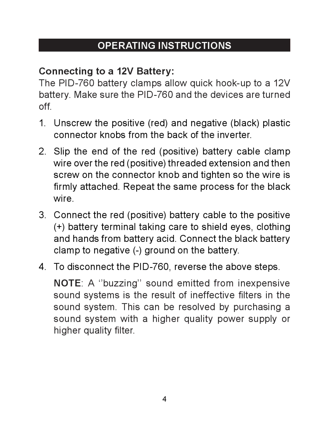 Schumacher PID-760 owner manual Operating Instructions, Connecting to a 12V Battery 