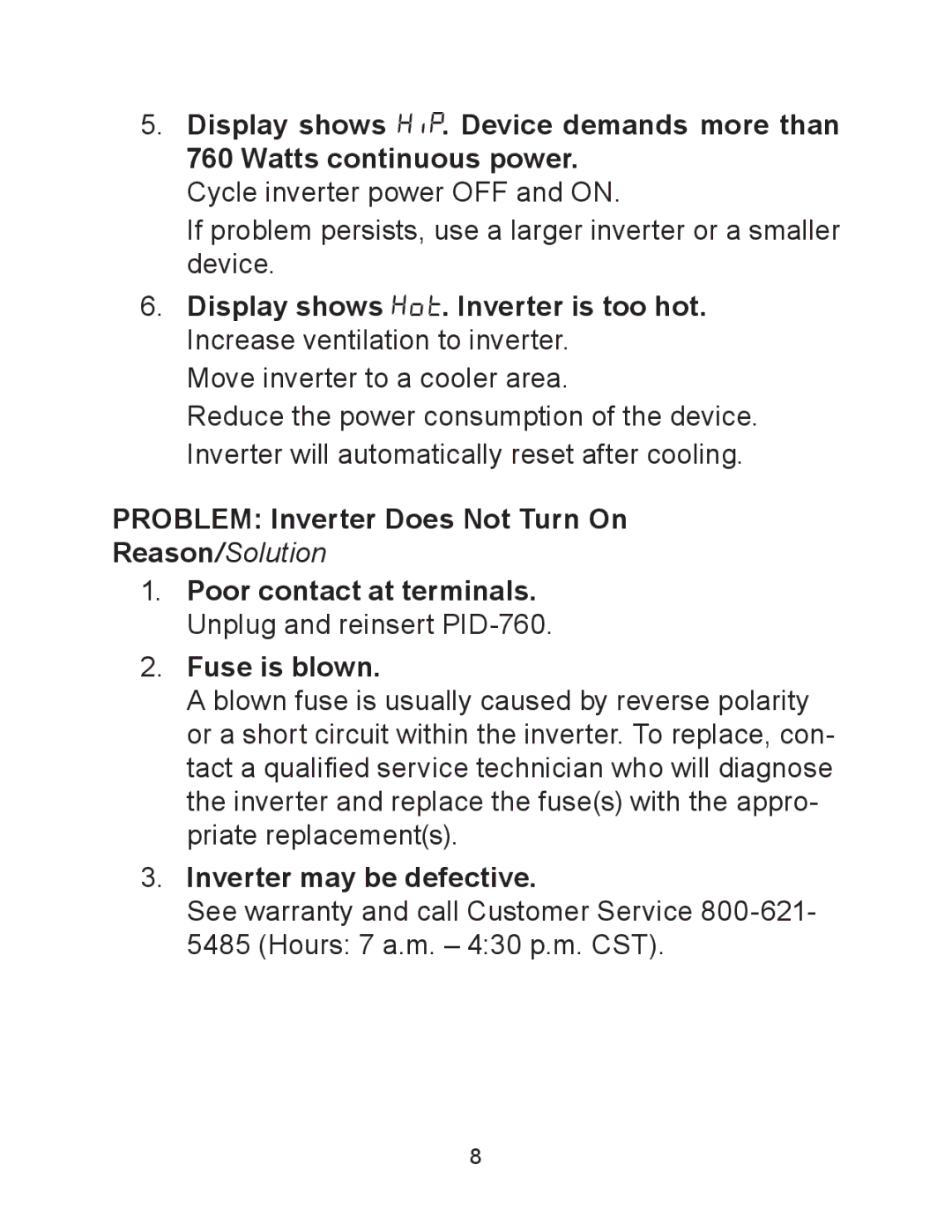 Schumacher PID-760 owner manual Problem Inverter Does Not Turn On, Inverter may be defective 