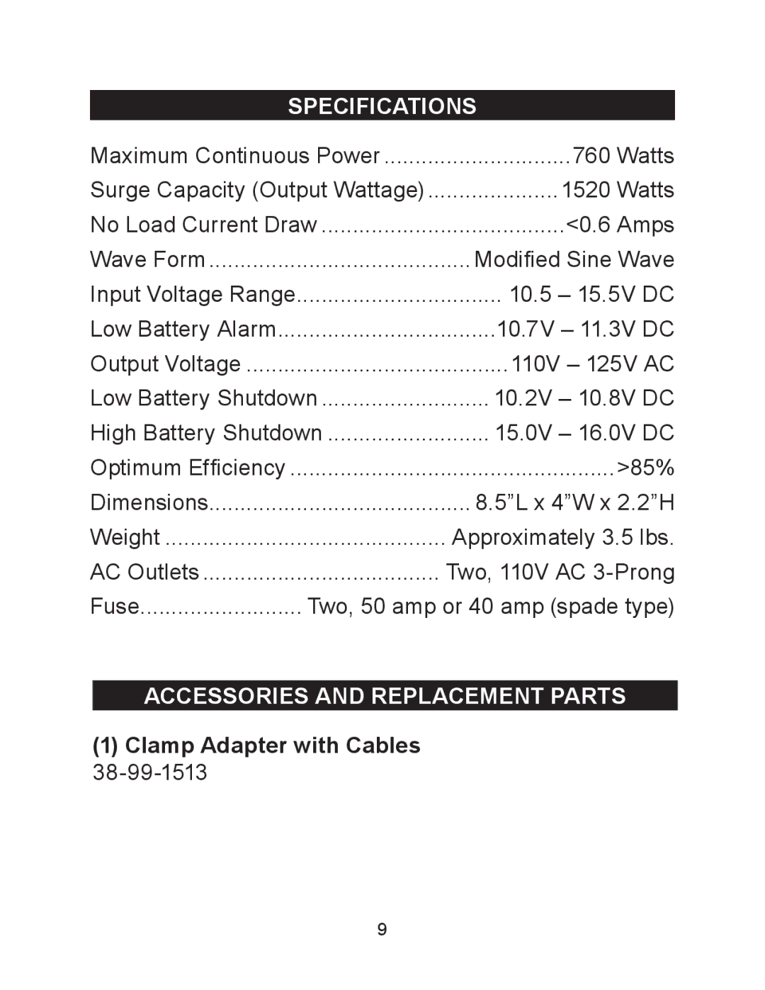 Schumacher PID-760 owner manual Specifications, Clamp Adapter with Cables 