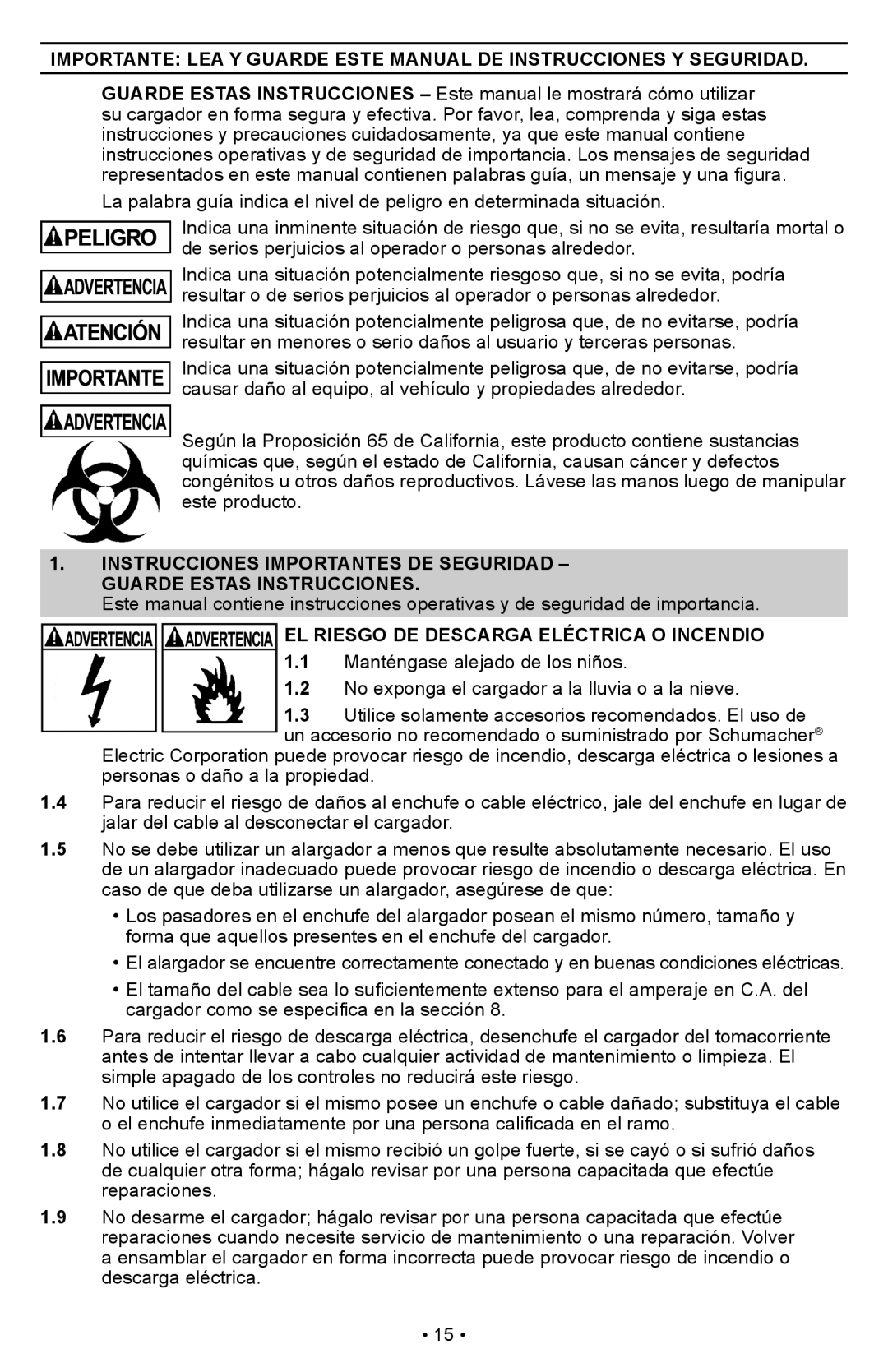 Schumacher PS-1022M owner manual EL Riesgo DE Descarga Eléctrica O Incendio 