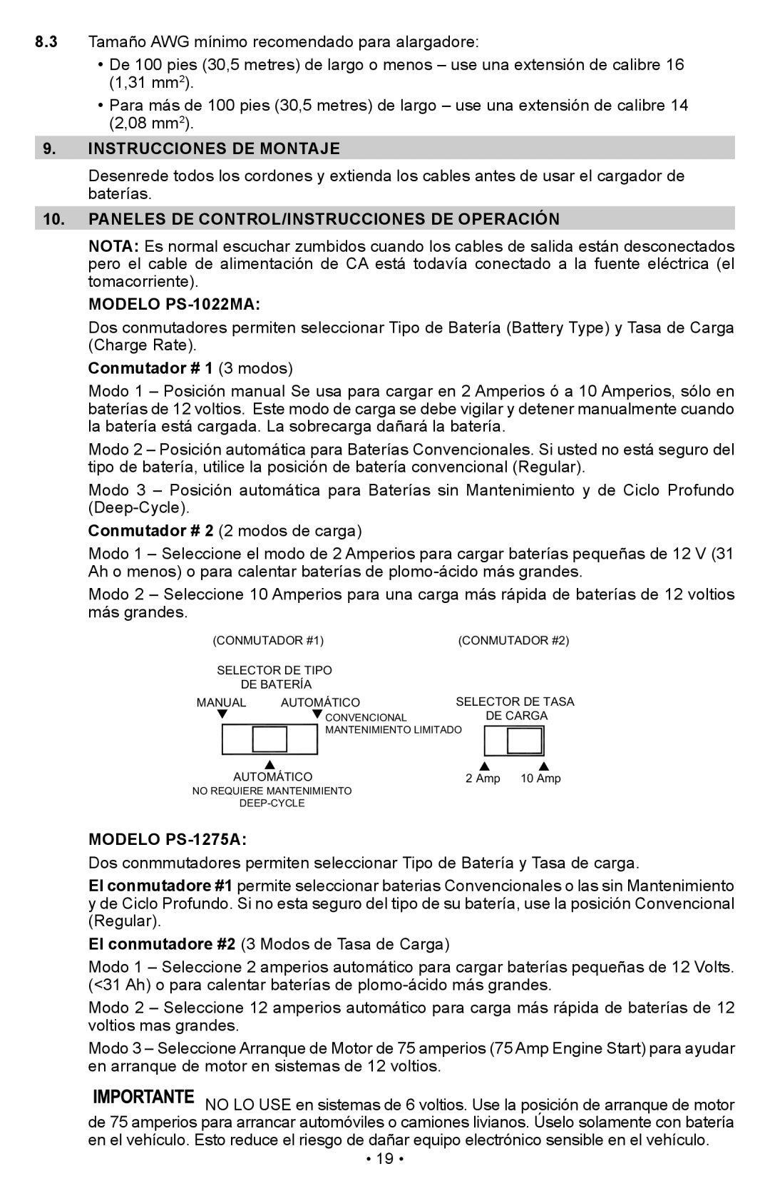 Schumacher Instrucciones DE Montaje, Paneles DE CONTROL/INSTRUCCIONES DE Operación, Modelo PS-1022MA, Modelo PS-1275A 